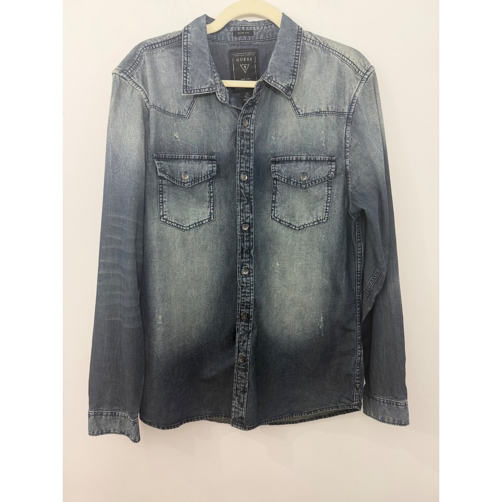 Guess Mens Slim Fit Denim Western Shirt Blue Long Sleeve M61H11D1QG3 L